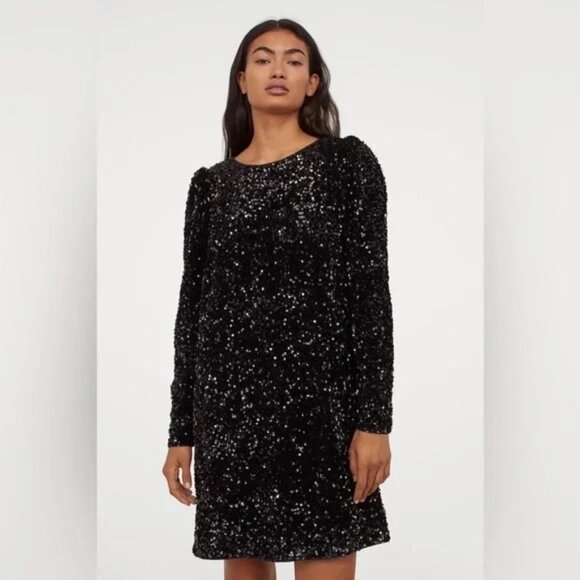 NEW H&M Women's Puff-sleeved Dress Black/sequins - Picture 1 of 6